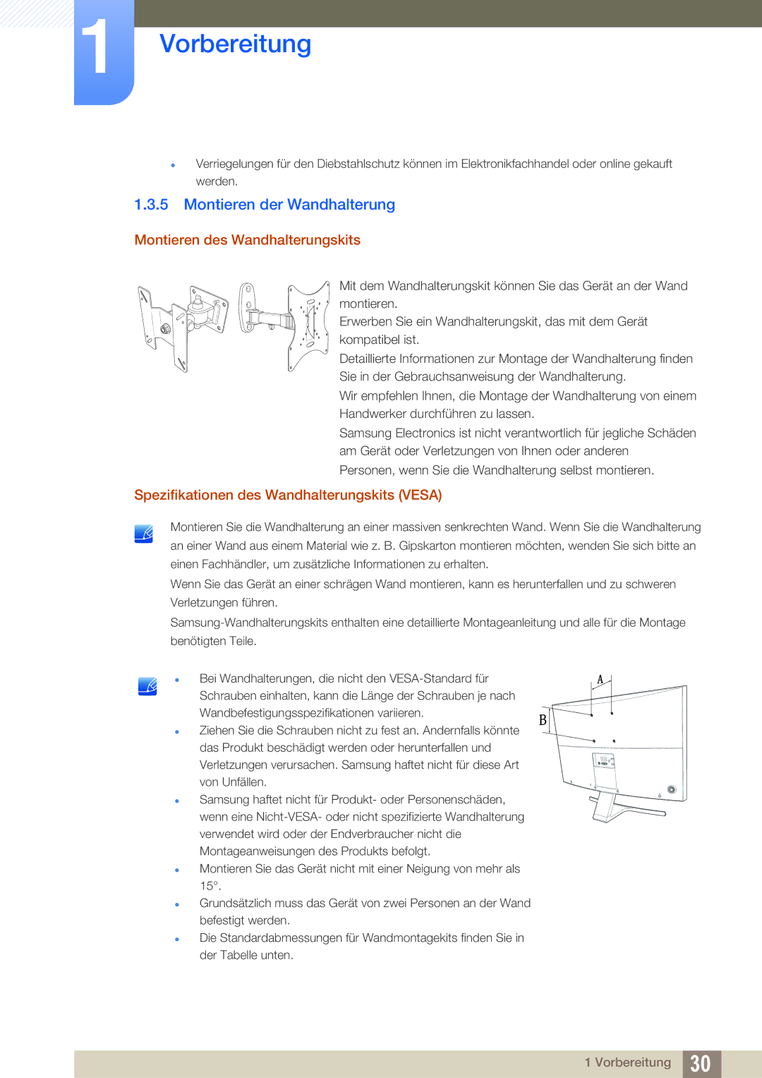 Samsung LS27D590CS/EN manual Montieren der Wandhalterung, Montieren des Wandhalterungskits 