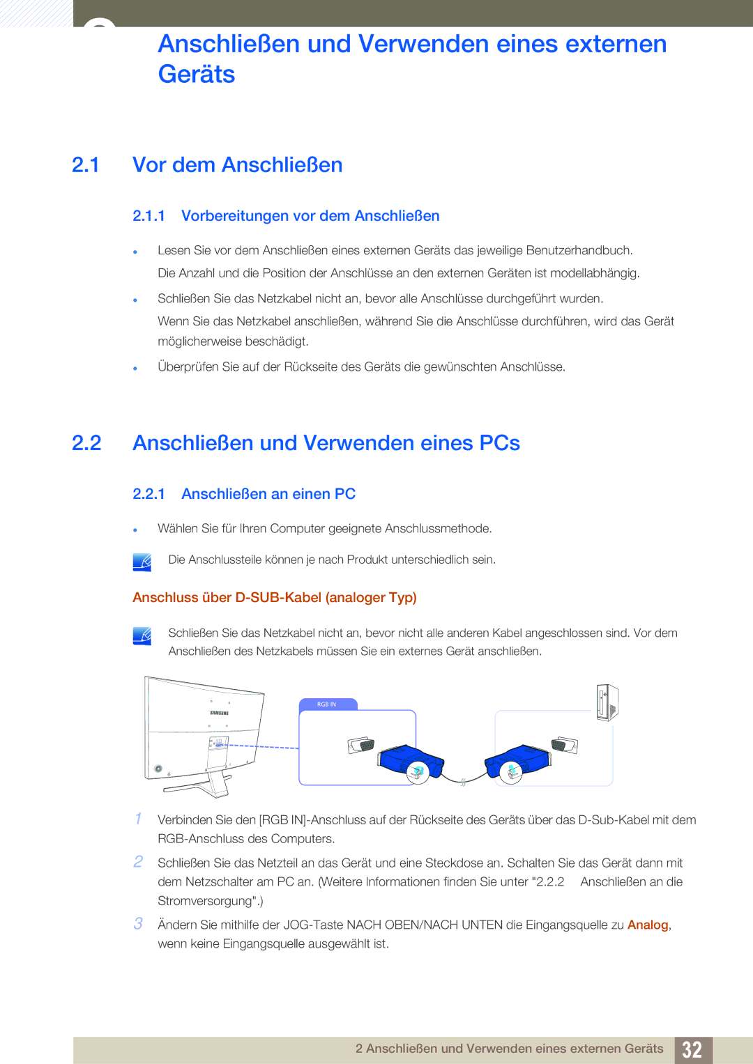 Samsung LS27D590CS/EN manual AnschließenGeräts und Verwenden eines externen, Vor dem Anschließen, Anschließen an einen PC 