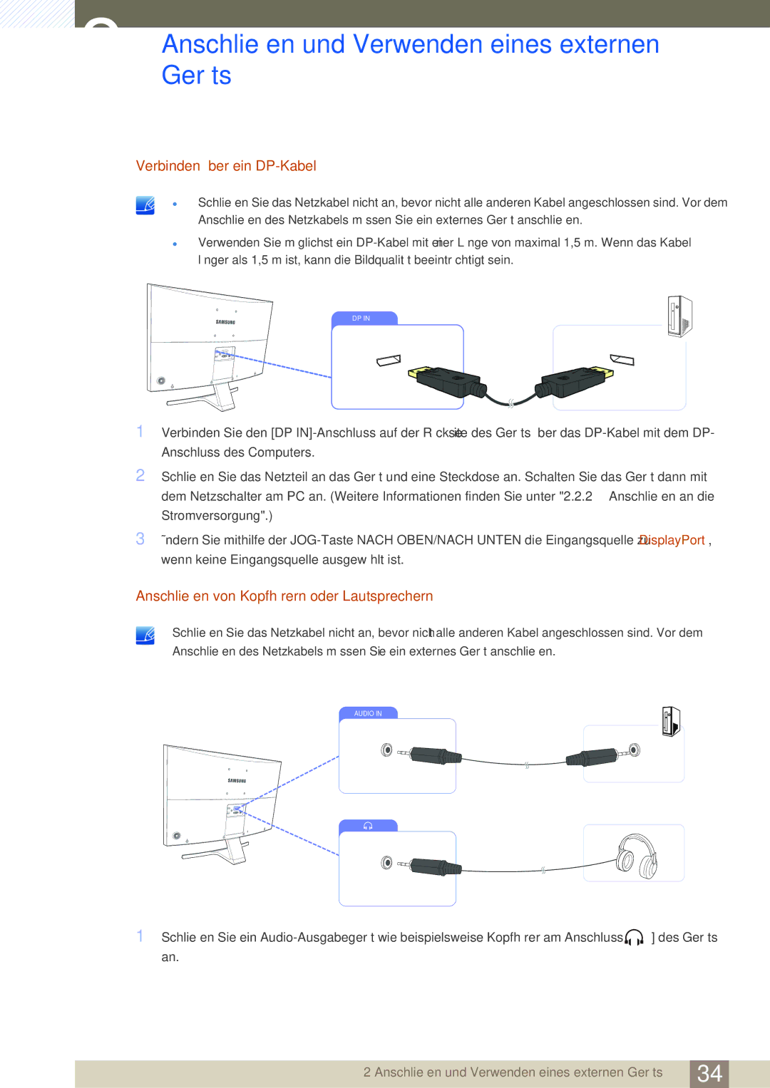 Samsung LS27D590CS/EN manual Verbinden über ein DP-Kabel, Anschließen von Kopfhörern oder Lautsprechern 