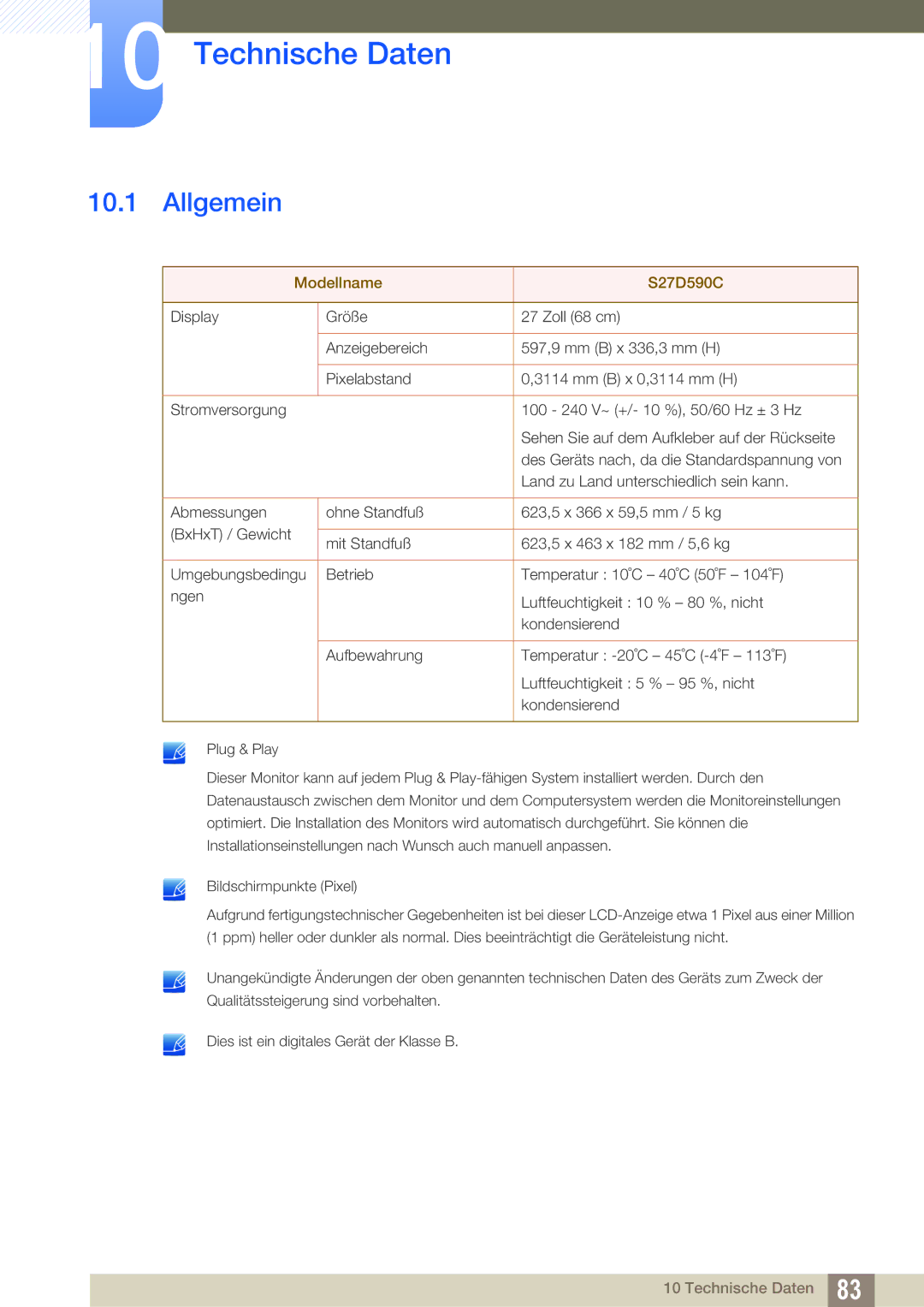 Samsung LS27D590CS/EN manual Technische Daten, Allgemein 