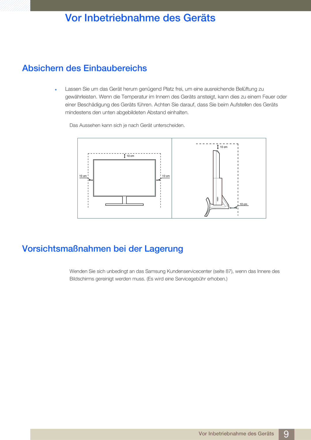 Samsung LS27D590CS/EN manual Absichern des Einbaubereichs, Vorsichtsmaßnahmen bei der Lagerung 