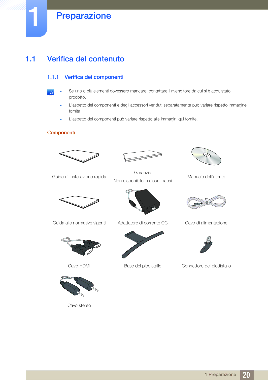 Samsung LS27D590CS/EN manual Preparazione, Verifica del contenuto, Verifica dei componenti, Componenti 