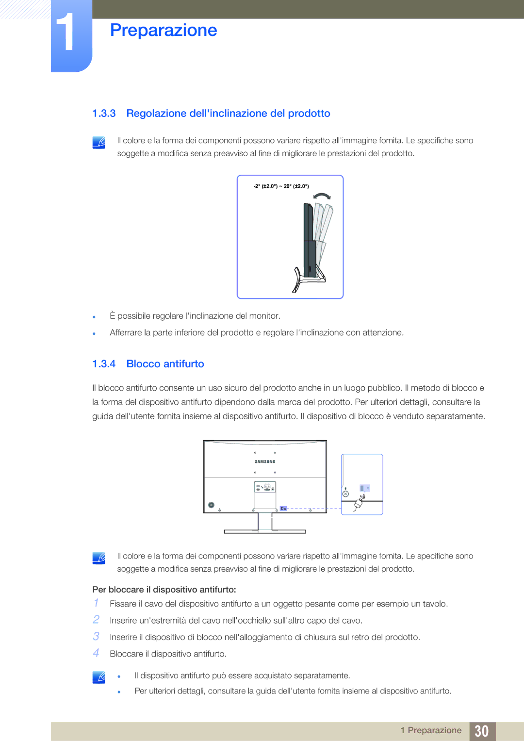 Samsung LS27D590CS/EN manual Regolazione dellinclinazione del prodotto, Blocco antifurto 