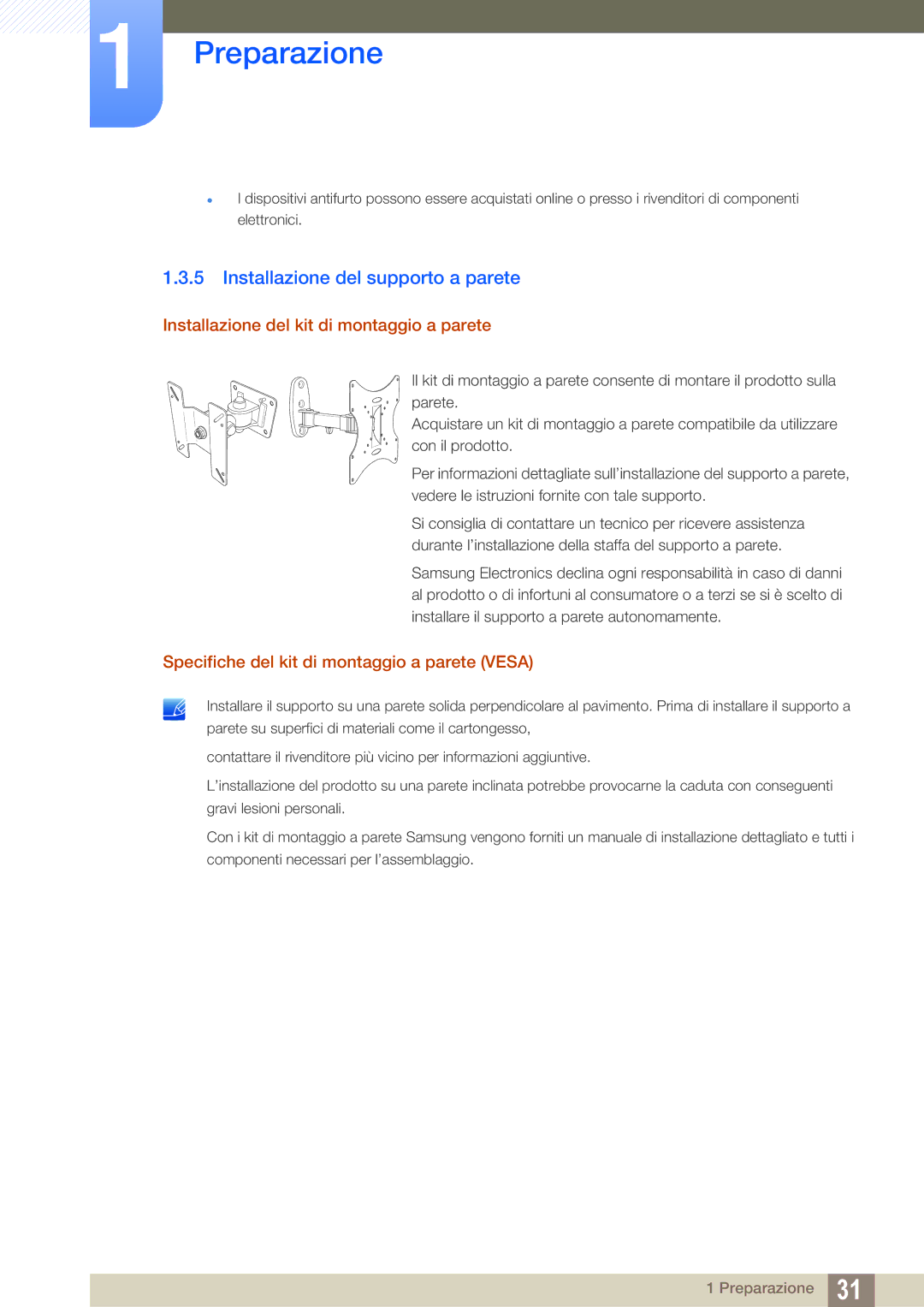 Samsung LS27D590CS/EN manual Installazione del supporto a parete, Installazione del kit di montaggio a parete 