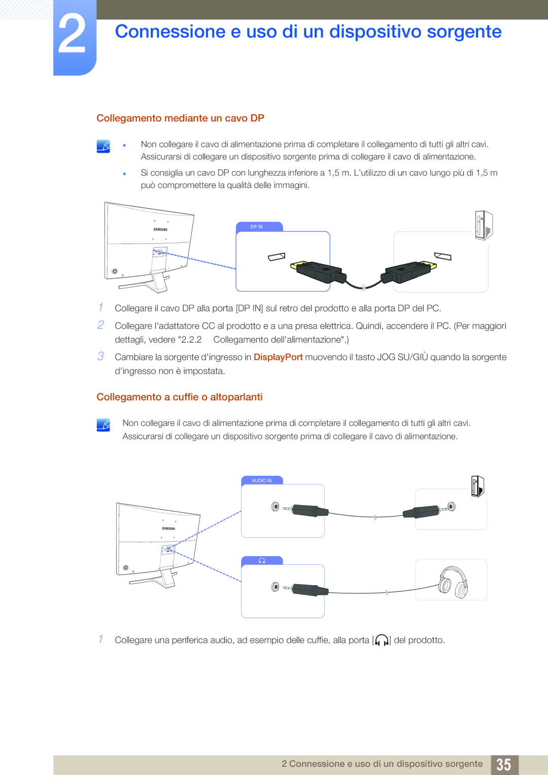 Samsung LS27D590CS/EN manual Collegamento mediante un cavo DP, Collegamento a cuffie o altoparlanti 