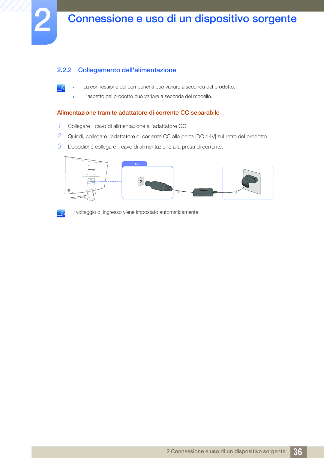 Samsung LS27D590CS/EN manual Collegamento dellalimentazione, Alimentazione tramite adattatore di corrente CC separabile 