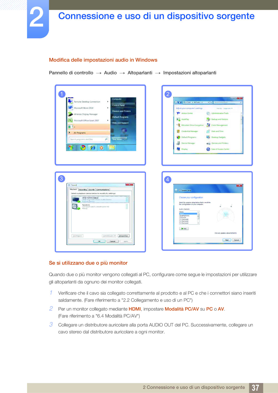 Samsung LS27D590CS/EN manual Modifica delle impostazioni audio in Windows, Se si utilizzano due o più monitor 