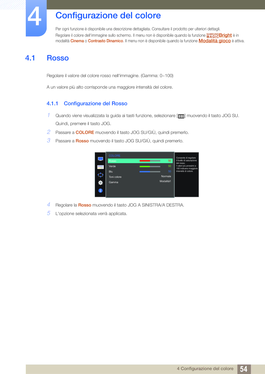 Samsung LS27D590CS/EN manual Configurazione del colore, Configurazione del Rosso 