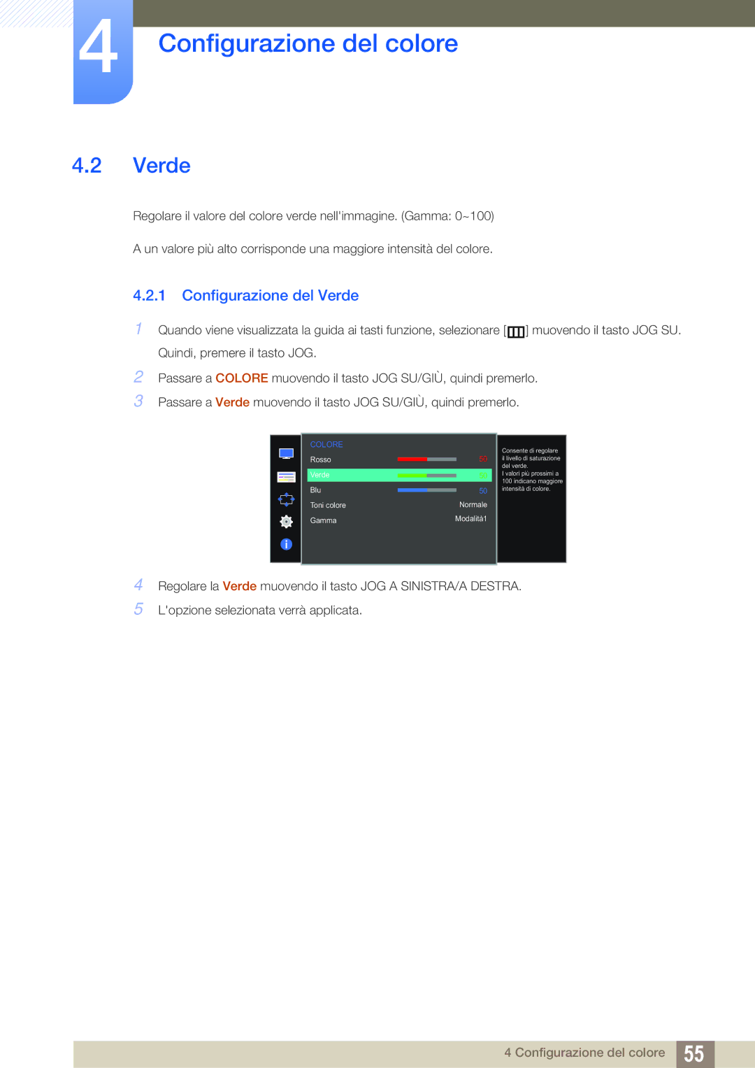 Samsung LS27D590CS/EN manual Configurazione del Verde 