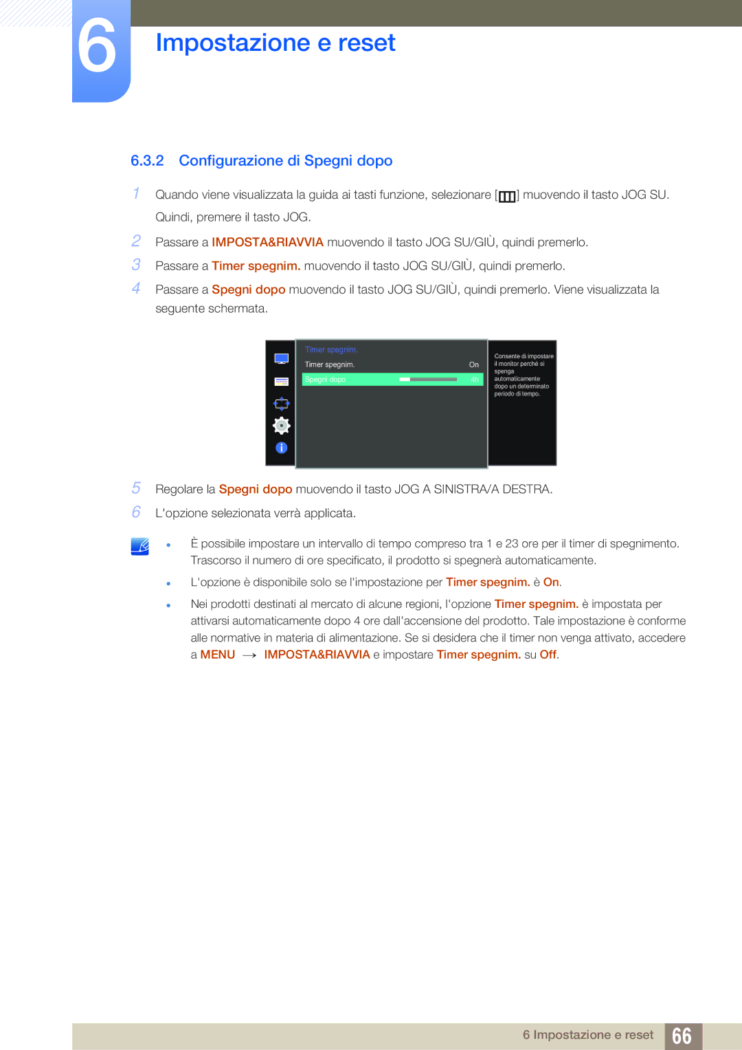 Samsung LS27D590CS/EN manual Configurazione di Spegni dopo, Timer spegnim Spegni dopo 