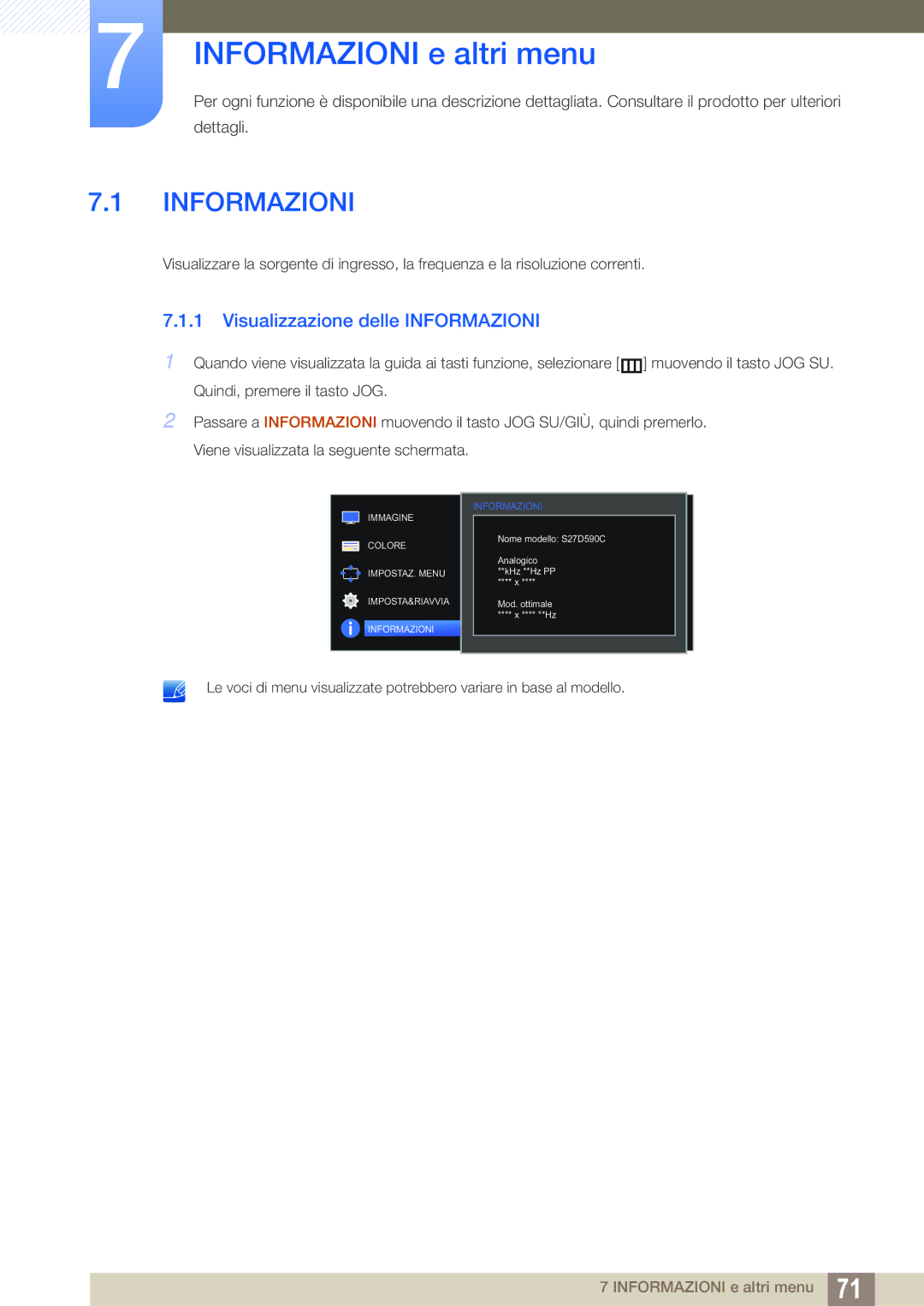 Samsung LS27D590CS/EN manual Informazioni e altri menu, Visualizzazione delle Informazioni 