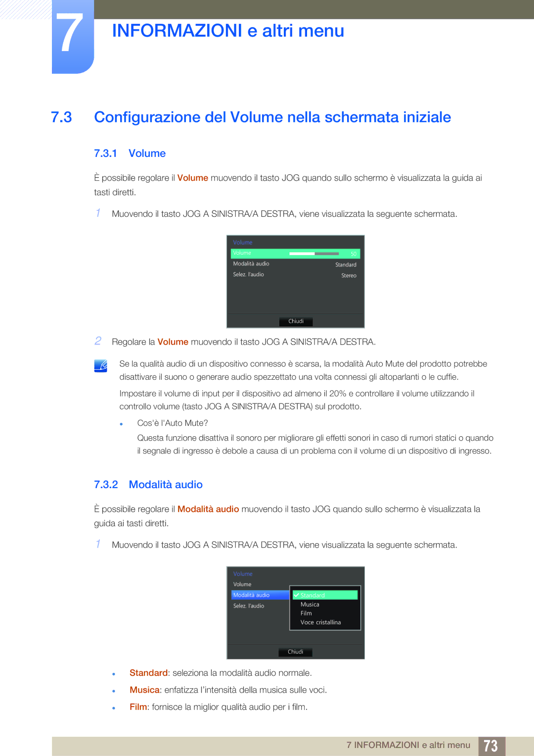 Samsung LS27D590CS/EN manual Configurazione del Volume nella schermata iniziale, Modalità audio 