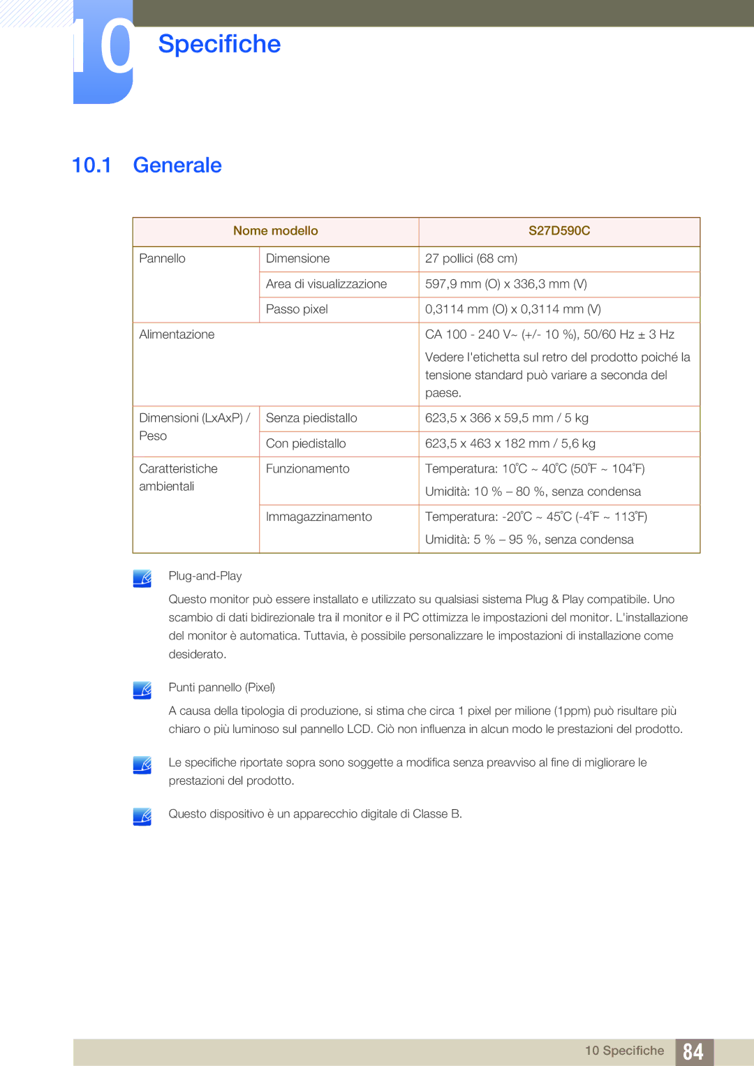 Samsung LS27D590CS/EN manual Specifiche, Generale 