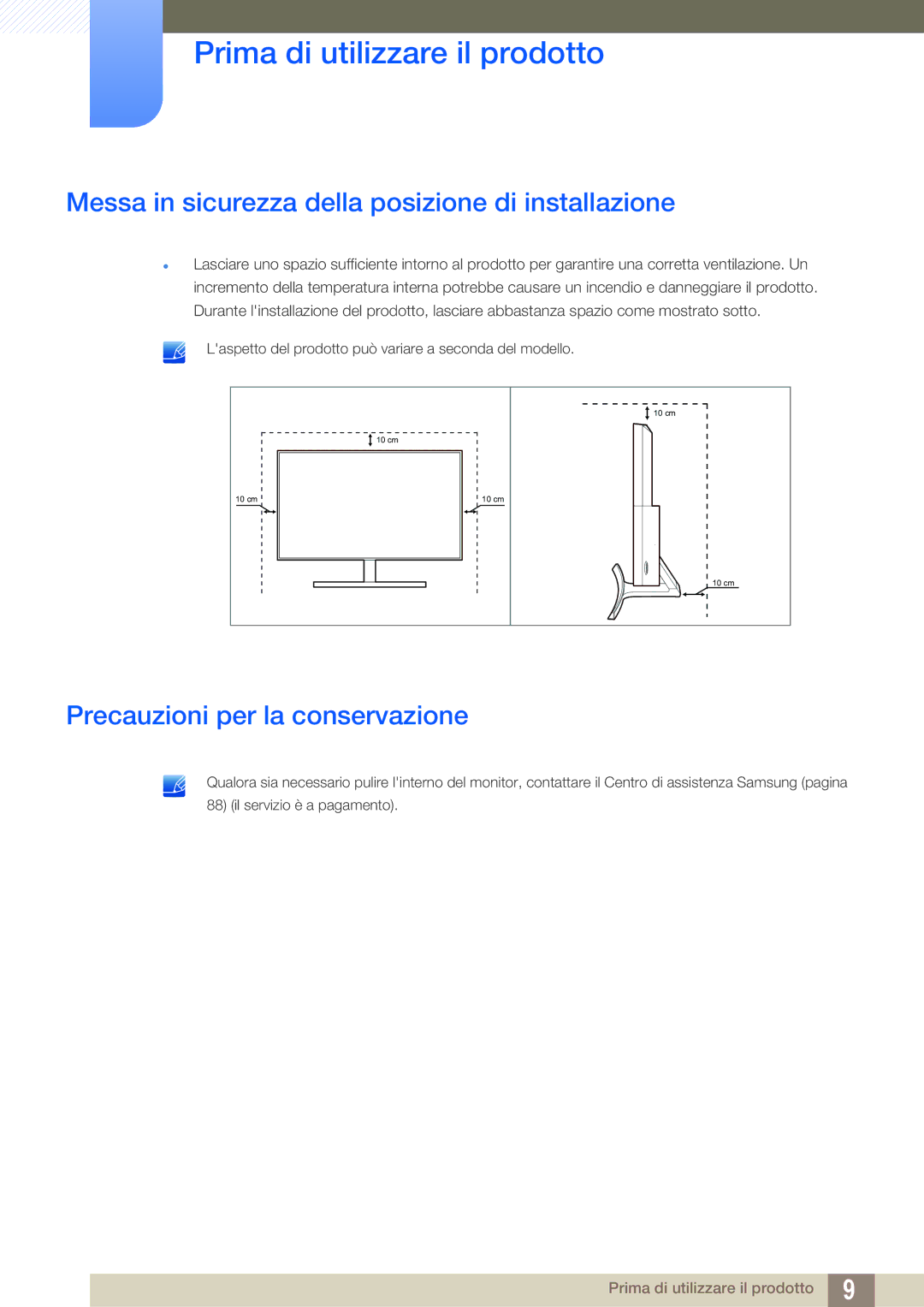 Samsung LS27D590CS/EN manual Messa in sicurezza della posizione di installazione, Precauzioni per la conservazione 