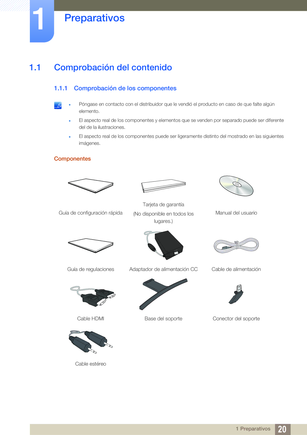 Samsung LS27D590CS/EN manual Preparativos, Comprobación del contenido, Comprobación de los componentes, Componentes 