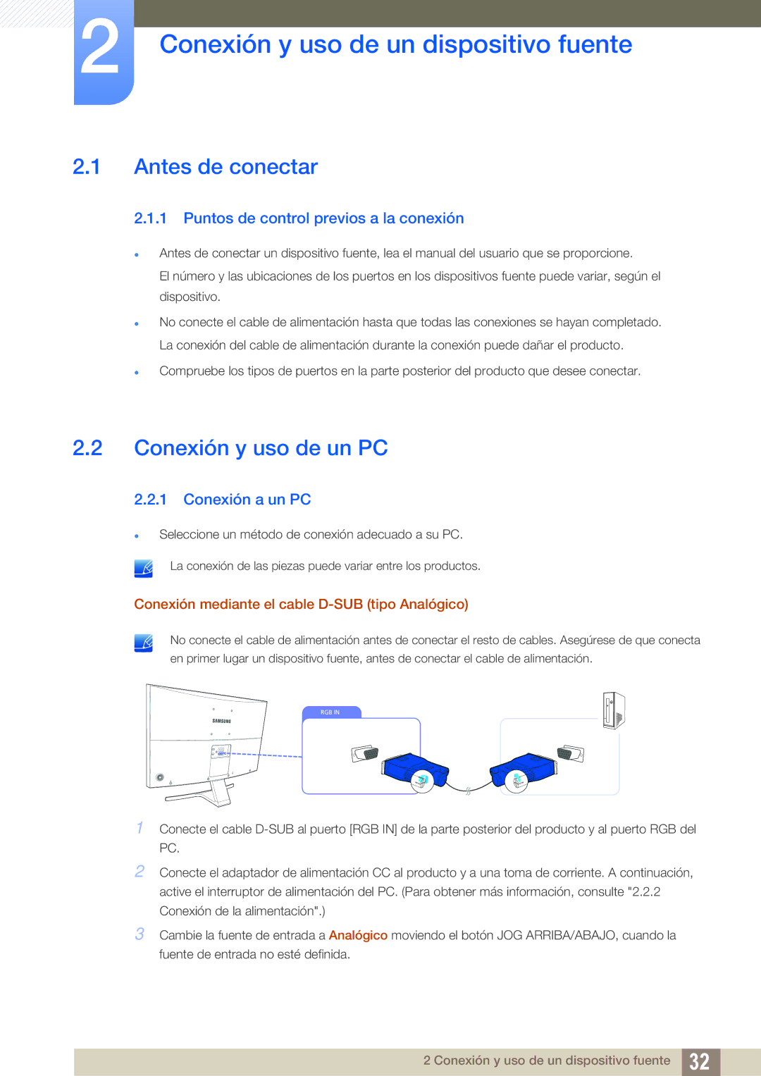 Samsung LS27D590CS/EN manual Conexión y uso de un dispositivo fuente, Antes de conectar, Conexión y uso de un PC 