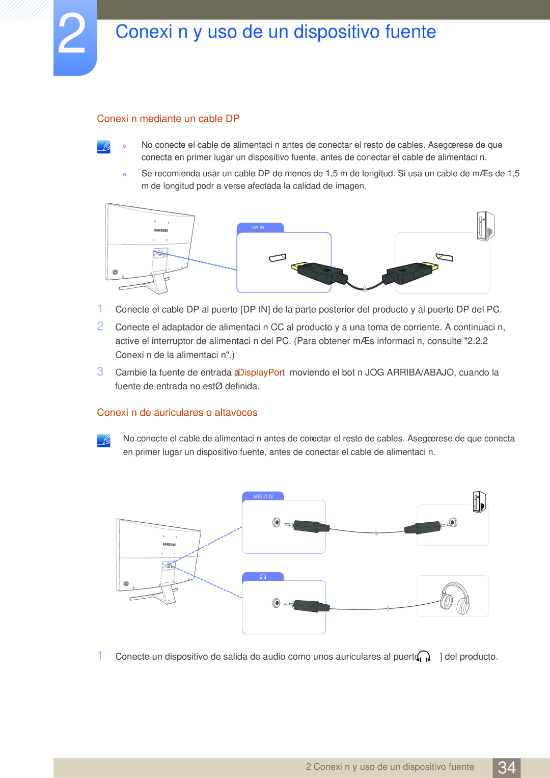 Samsung LS27D590CS/EN manual Conexión mediante un cable DP, Conexión de auriculares o altavoces 