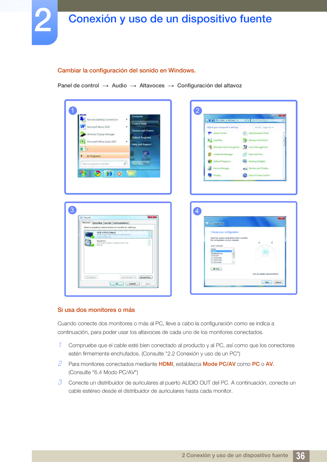 Samsung LS27D590CS/EN manual Cambiar la configuración del sonido en Windows, Si usa dos monitores o más 