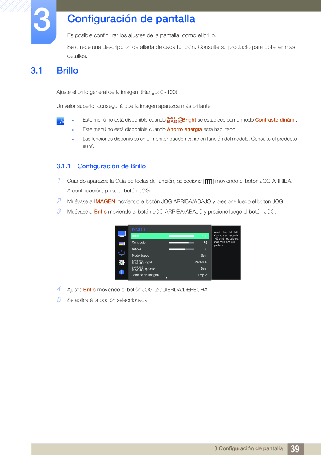 Samsung LS27D590CS/EN manual Configuración de pantalla, Configuración de Brillo 