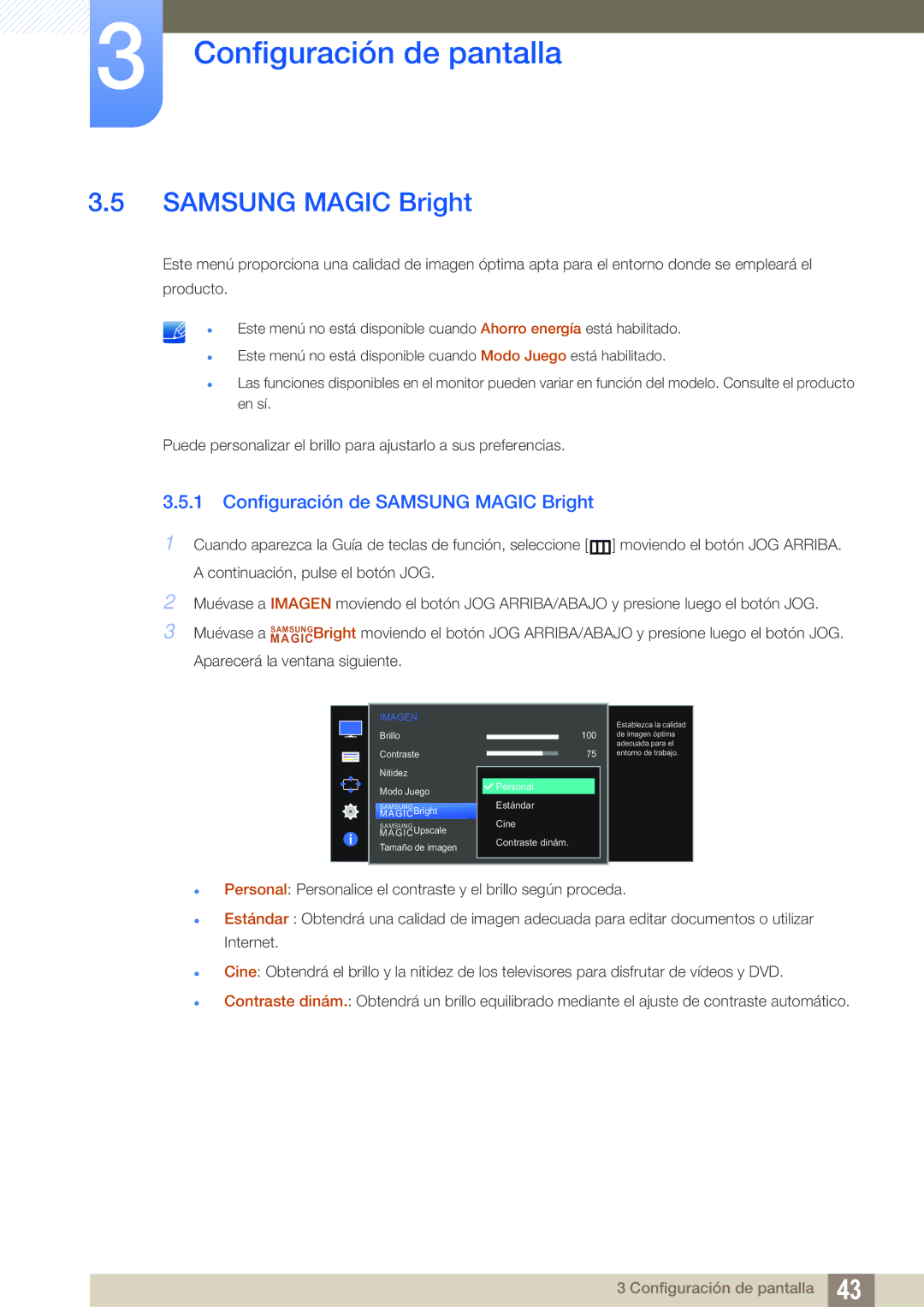 Samsung LS27D590CS/EN manual Configuración de Samsung Magic Bright 