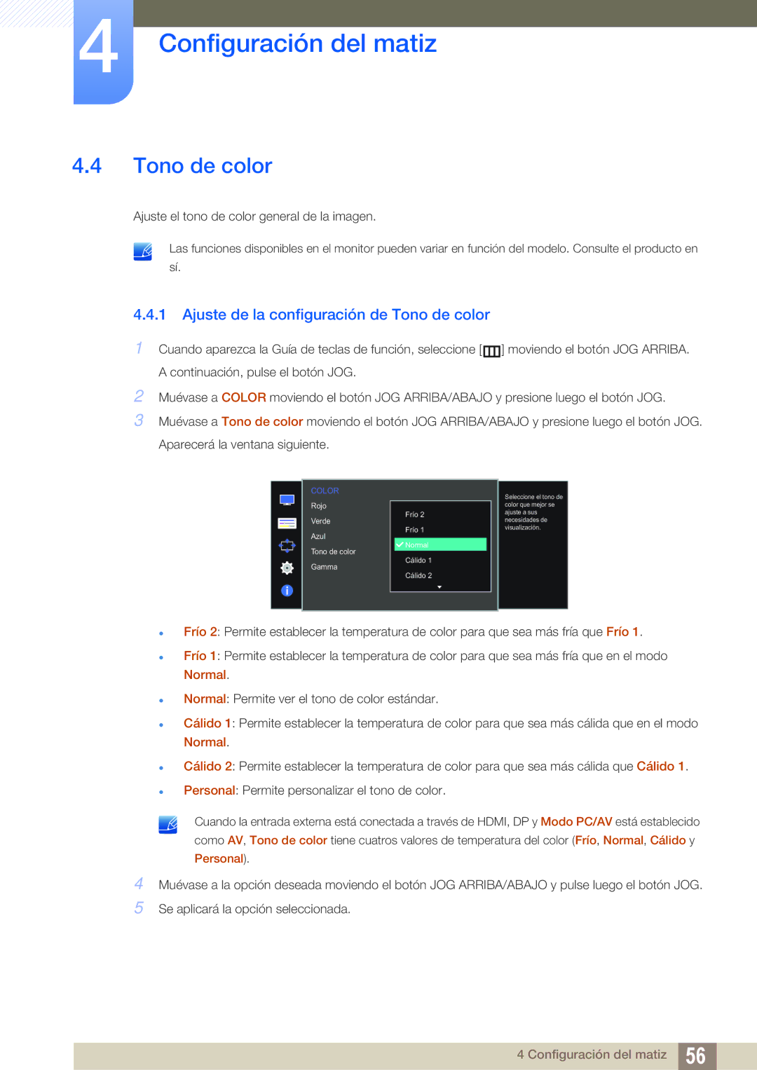 Samsung LS27D590CS/EN manual Ajuste de la configuración de Tono de color 