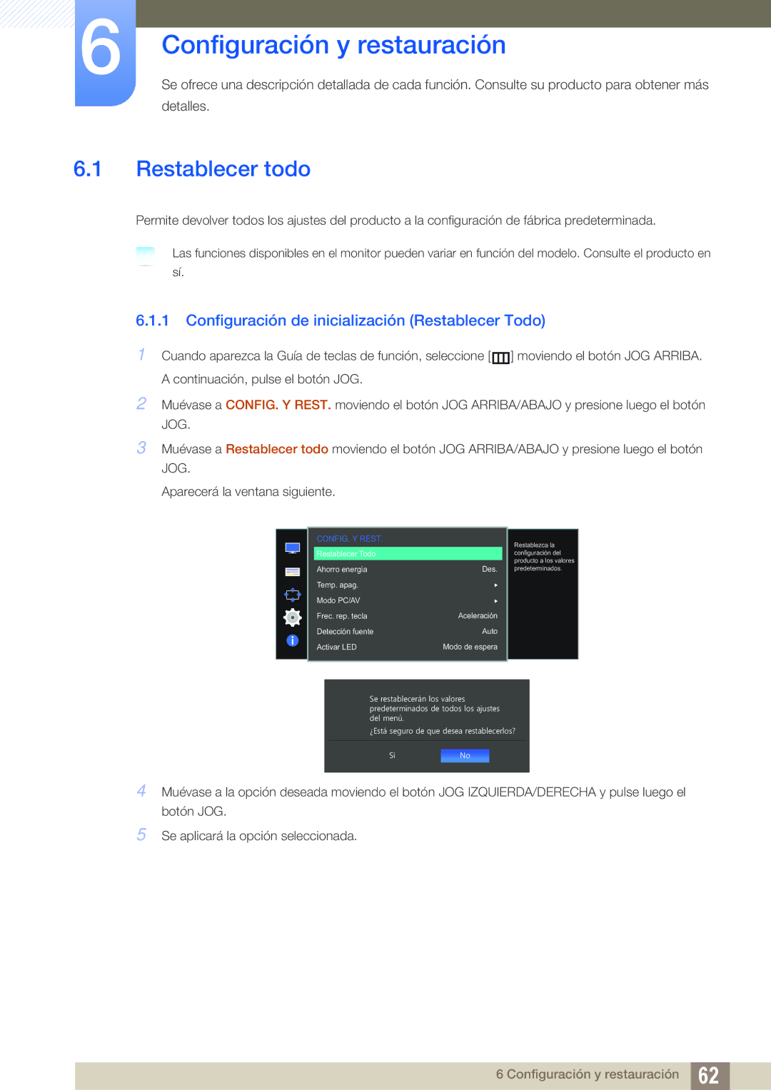 Samsung LS27D590CS/EN Configuración y restauración, Restablecer todo, Configuración de inicialización Restablecer Todo 