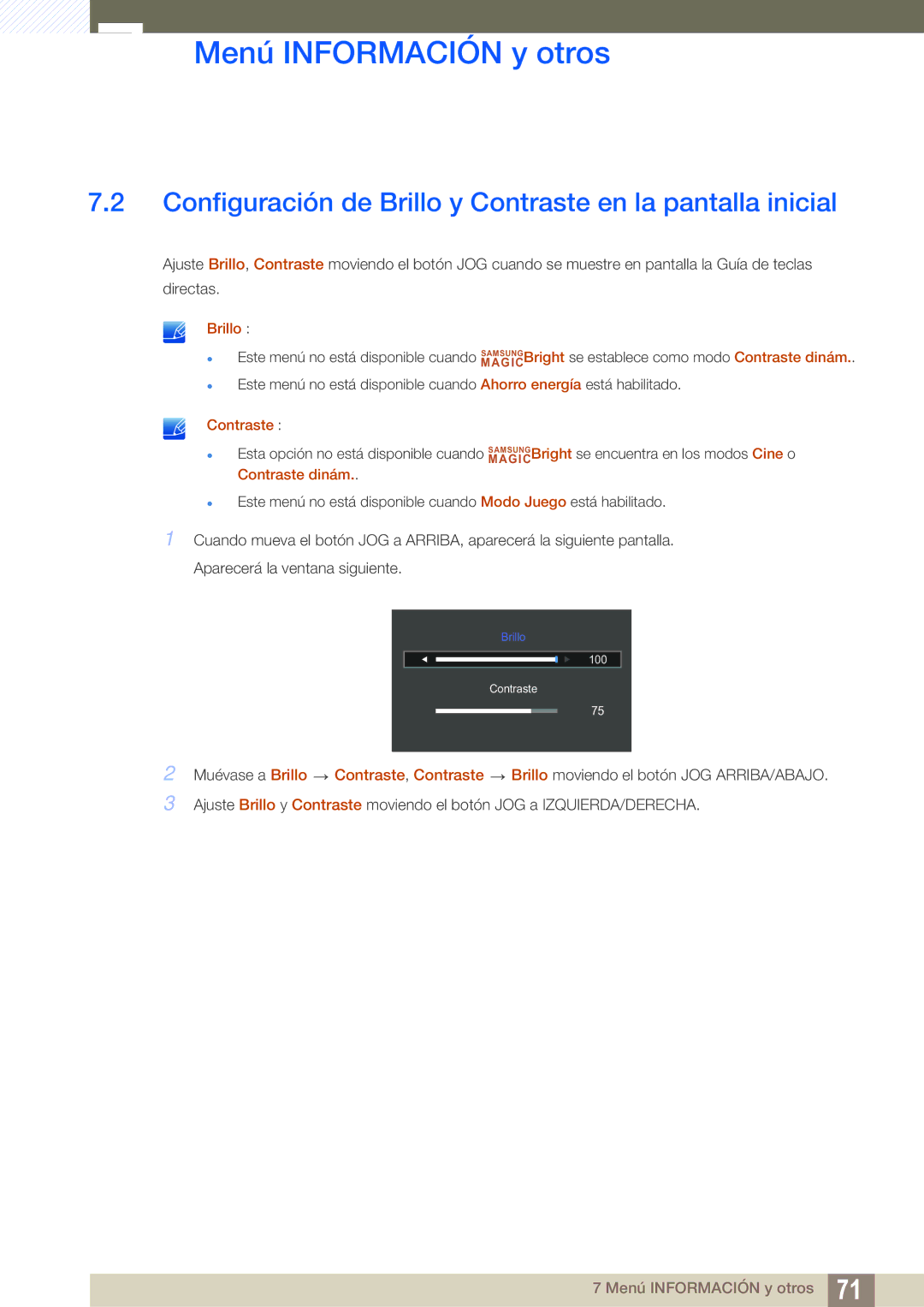 Samsung LS27D590CS/EN manual Configuración de Brillo y Contraste en la pantalla inicial 