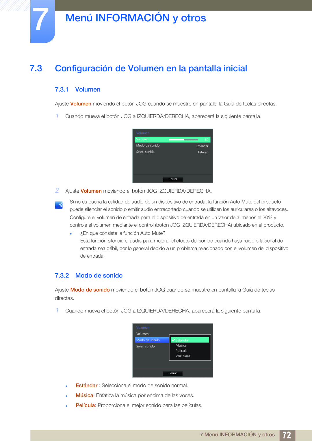 Samsung LS27D590CS/EN manual Configuración de Volumen en la pantalla inicial, Modo de sonido 