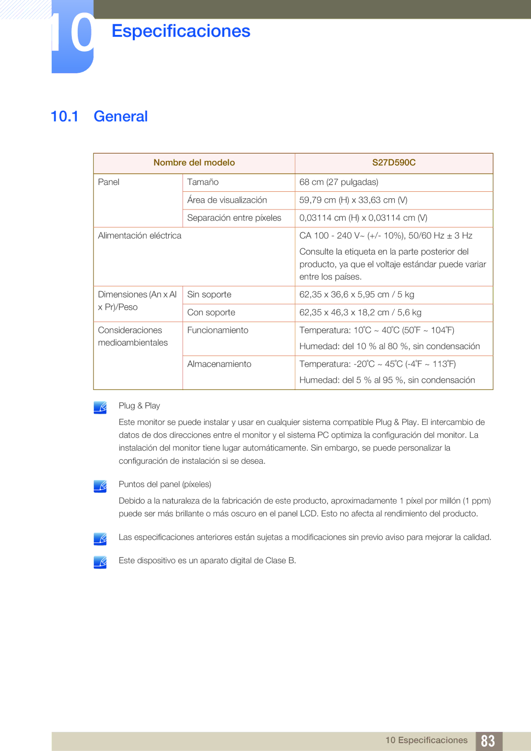 Samsung LS27D590CS/EN manual Especificaciones, General 