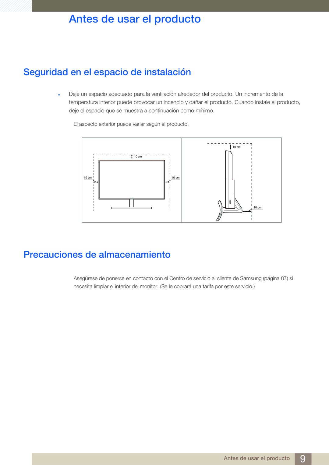 Samsung LS27D590CS/EN manual Seguridad en el espacio de instalación, Precauciones de almacenamiento 