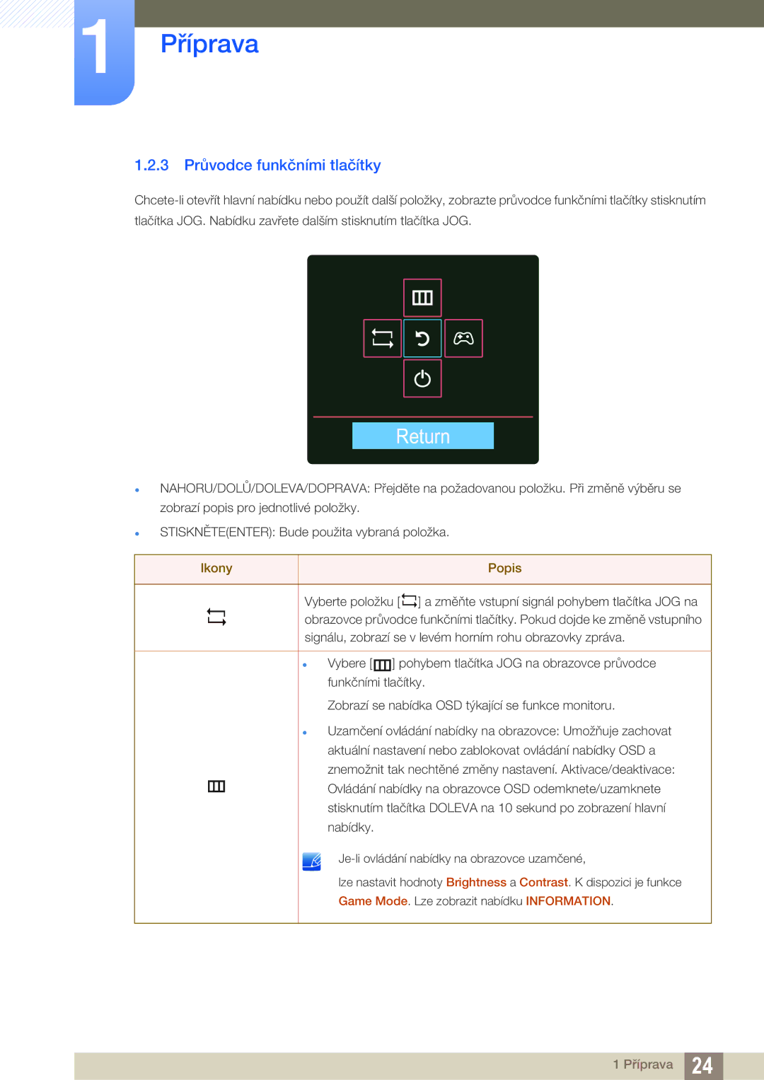 Samsung LS27D590CS/EN manual Return, 3 Průvodce funkčními tlačítky 