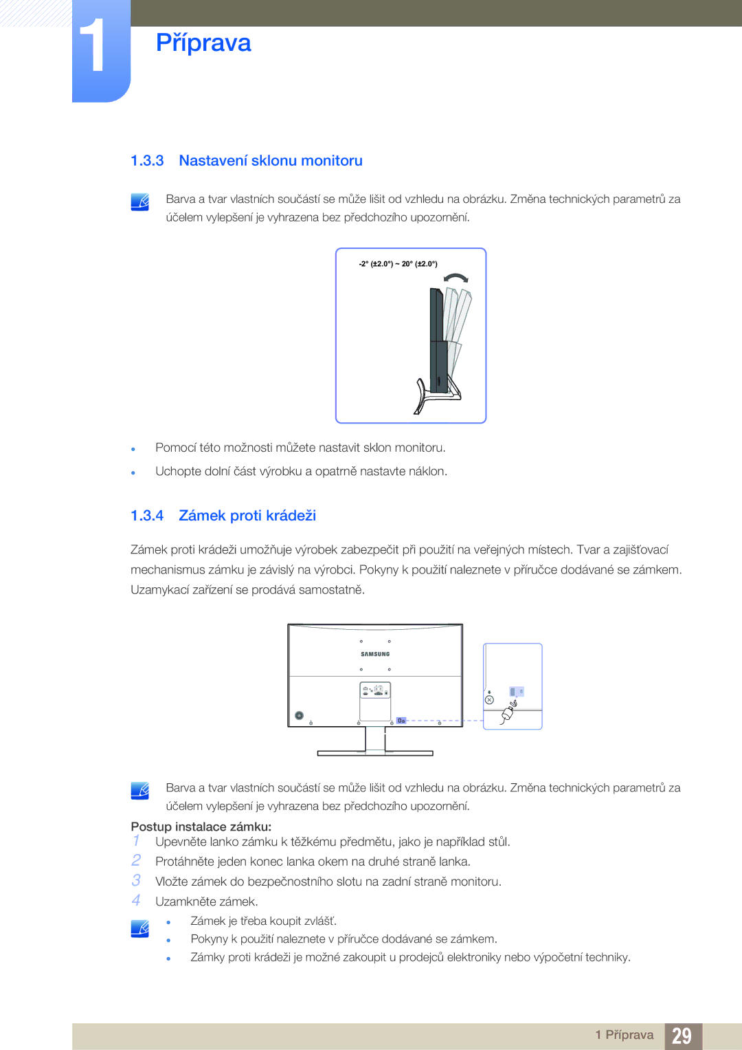 Samsung LS27D590CS/EN manual Nastavení sklonu monitoru, 4 Zámek proti krádeži 