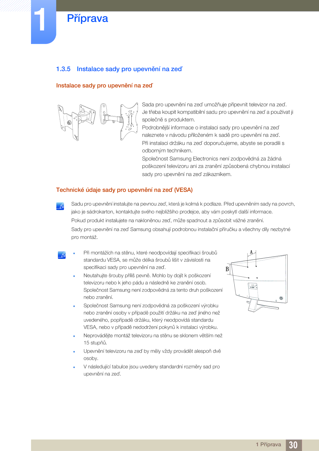 Samsung LS27D590CS/EN manual Instalace sady pro upevnění na zeď, Technické údaje sady pro upevnění na zeď Vesa 
