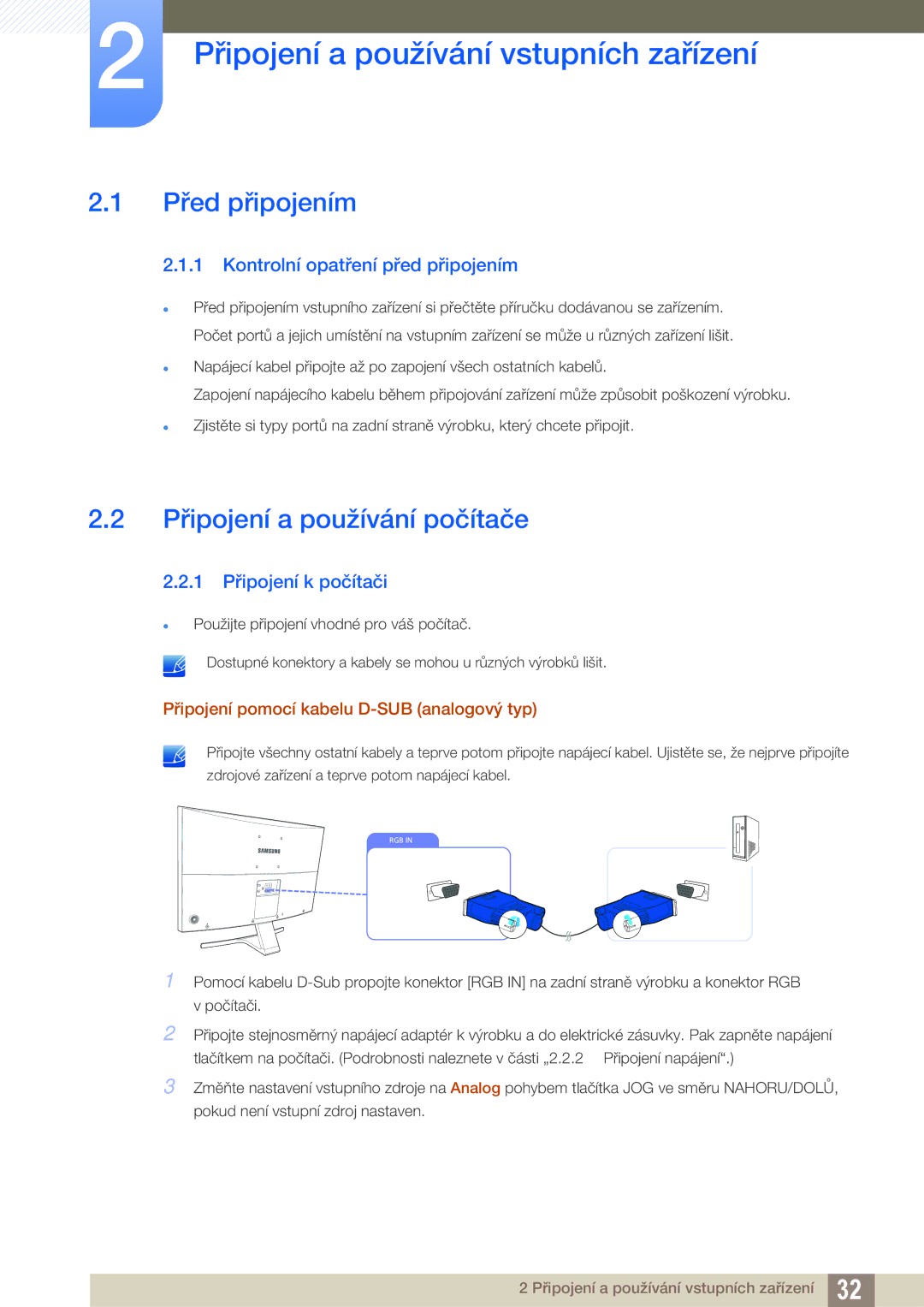 Samsung LS27D590CS/EN manual Připojení a používání vstupních zařízení, Před připojením, Připojení a používání počítače 