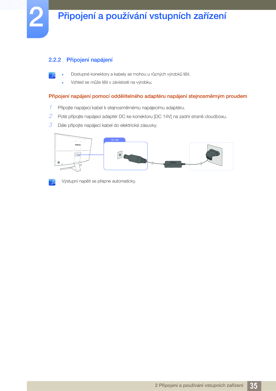 Samsung LS27D590CS/EN manual 2 Připojení napájení 