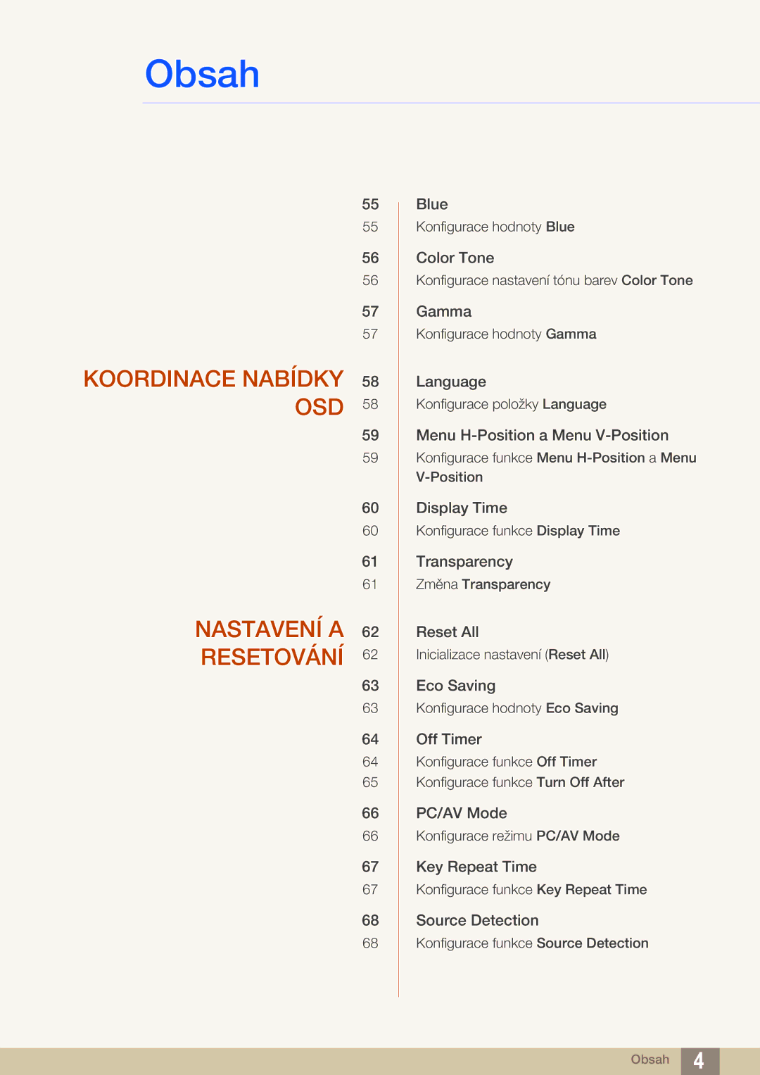 Samsung LS27D590CS/EN manual Koordinace Nabídky OSD Nastavení a Resetování 