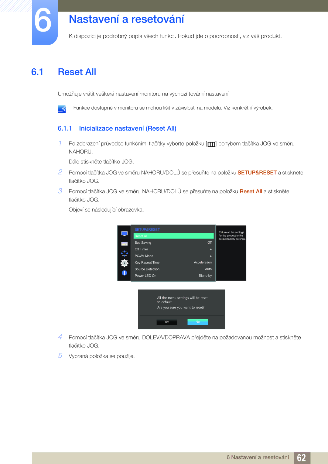 Samsung LS27D590CS/EN manual Nastavení a resetování, Inicializace nastavení Reset All 