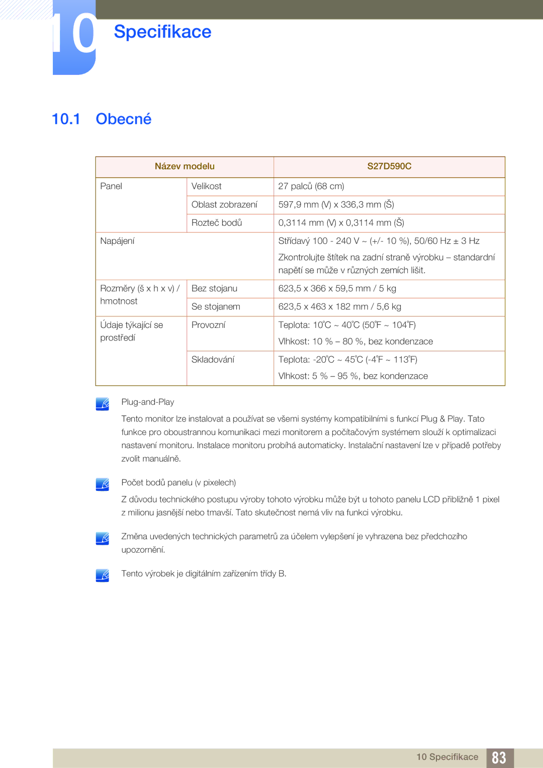 Samsung LS27D590CS/EN manual Specifikace, Obecné 