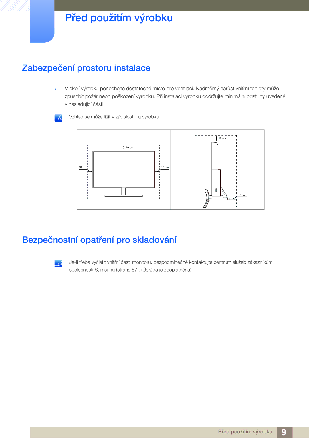 Samsung LS27D590CS/EN manual Zabezpečení prostoru instalace, Bezpečnostní opatření pro skladování 