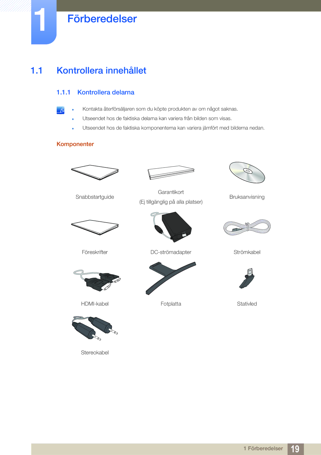 Samsung LS27D590CS/EN manual Förberedelser, Kontrollera innehållet, Kontrollera delarna, Komponenter 