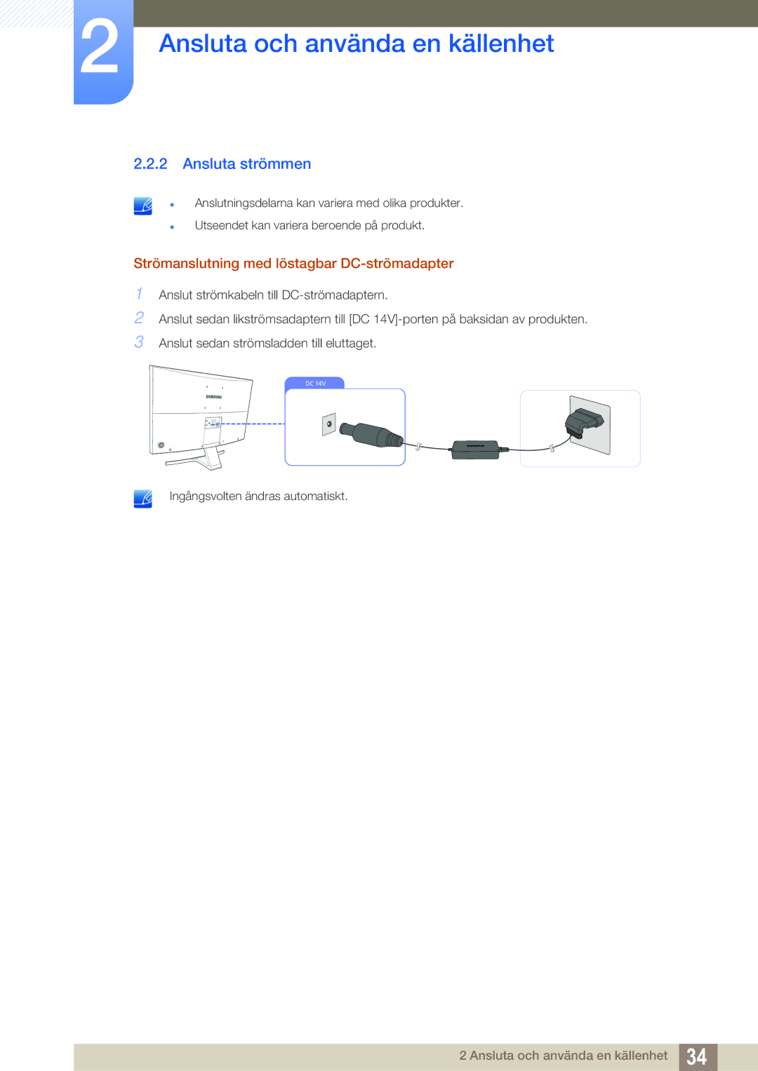 Samsung LS27D590CS/EN manual Ansluta strömmen, Strömanslutning med löstagbar DC-strömadapter 