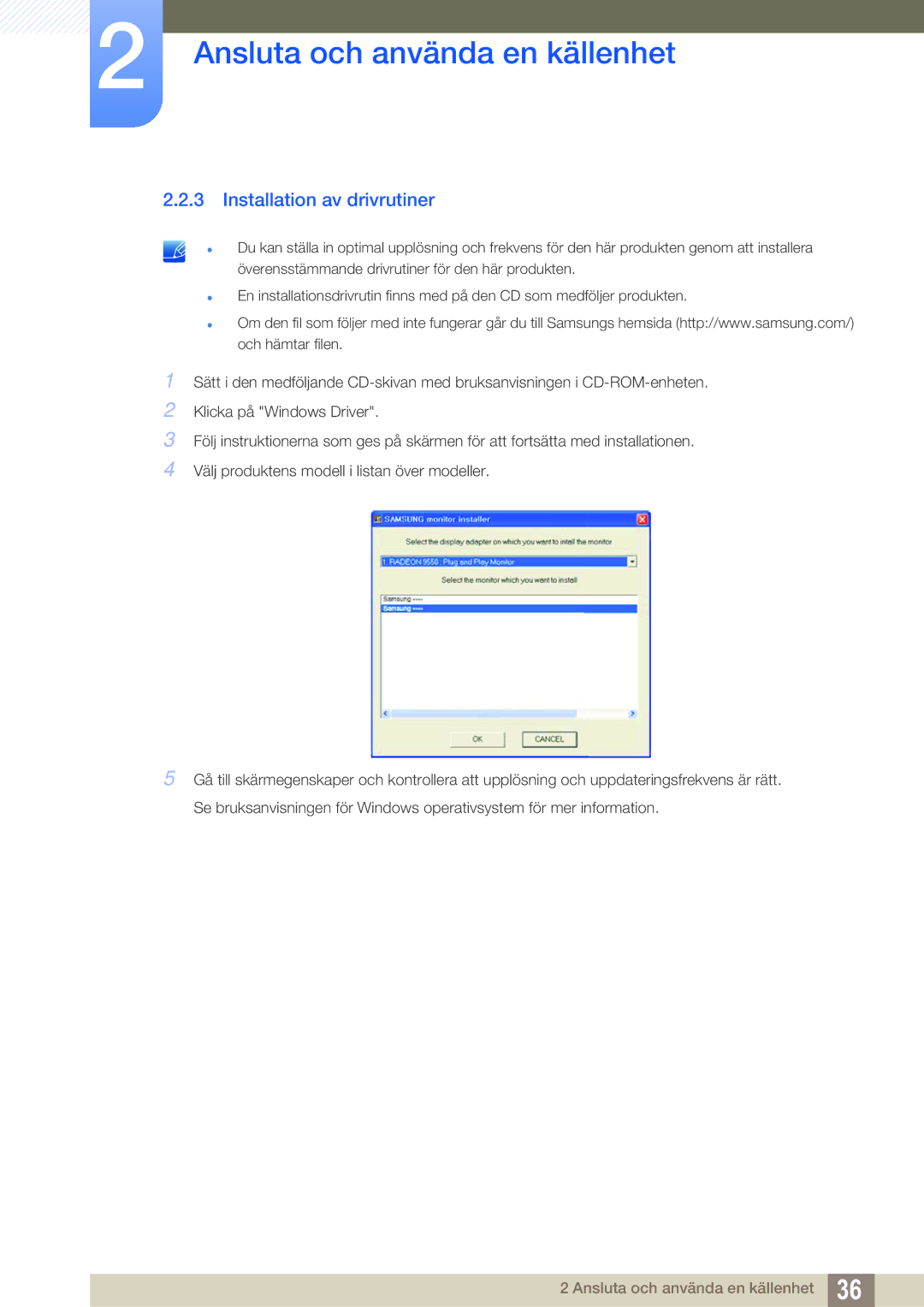 Samsung LS27D590CS/EN manual Installation av drivrutiner 