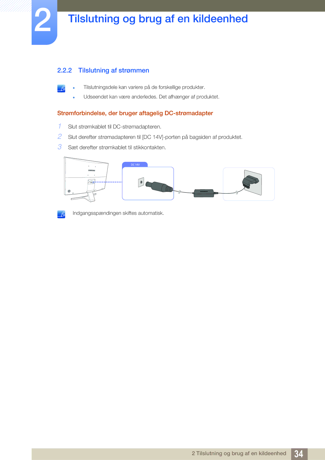 Samsung LS27D590CS/EN manual Tilslutning af strømmen, Strømforbindelse, der bruger aftagelig DC-strømadapter 