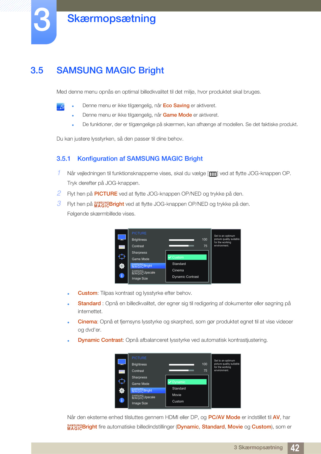 Samsung LS27D590CS/EN manual Konfiguration af Samsung Magic Bright 