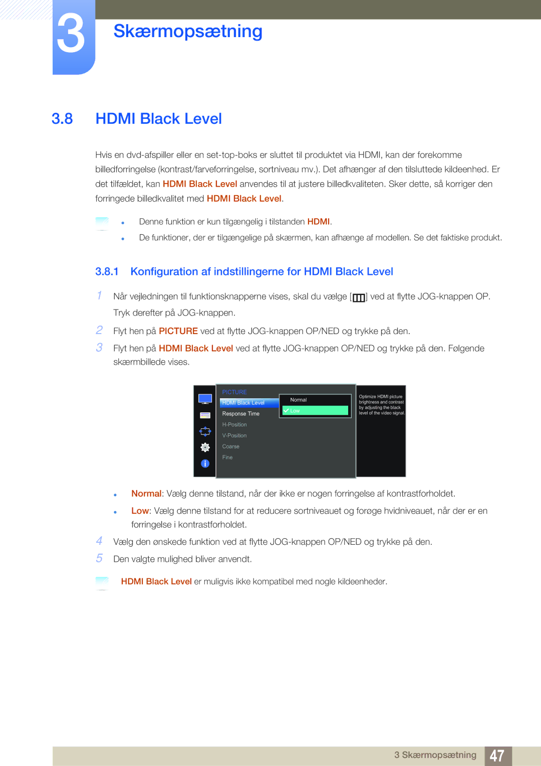 Samsung LS27D590CS/EN manual Konfiguration af indstillingerne for Hdmi Black Level 