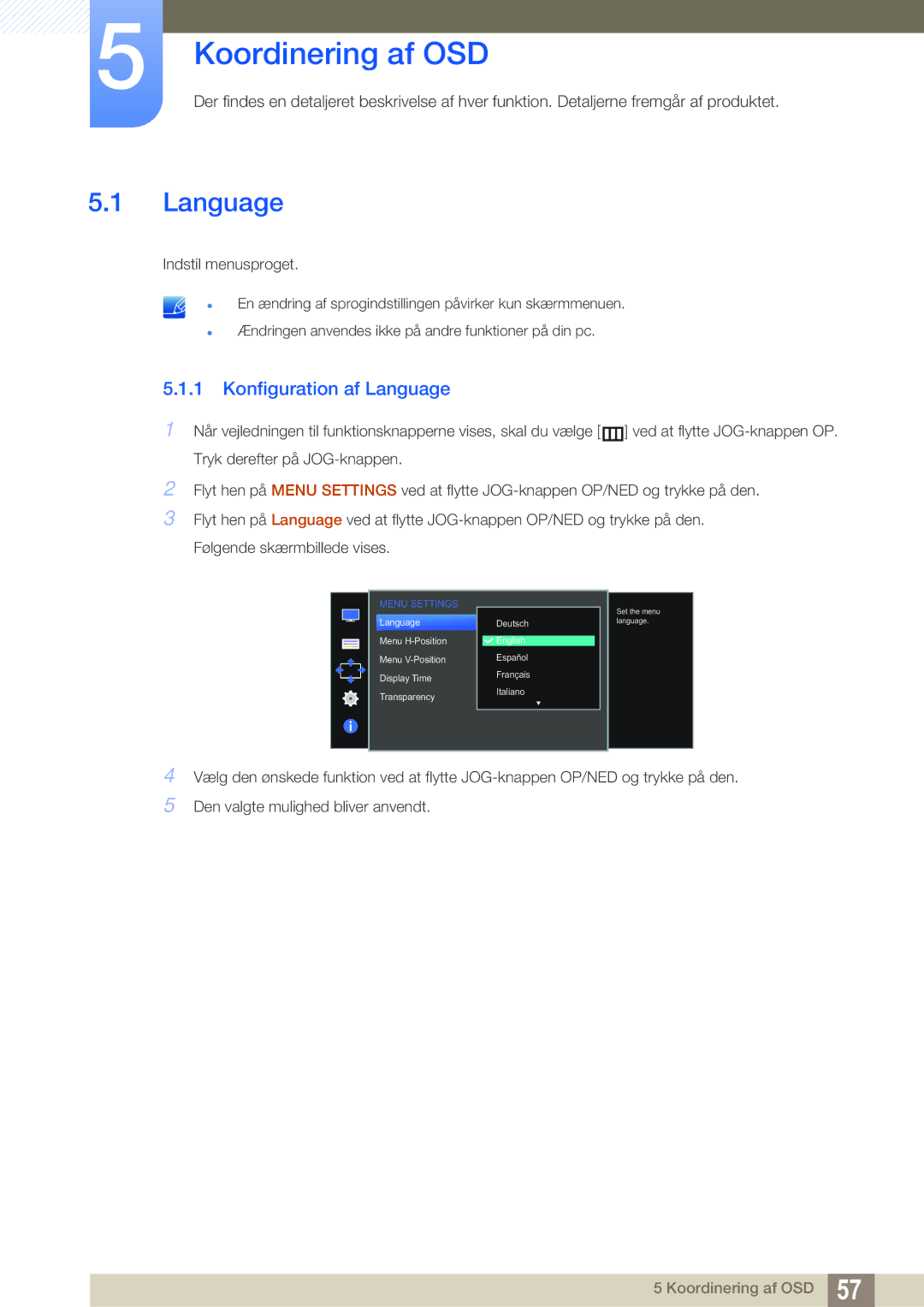 Samsung LS27D590CS/EN manual Koordinering af OSD, Konfiguration af Language 