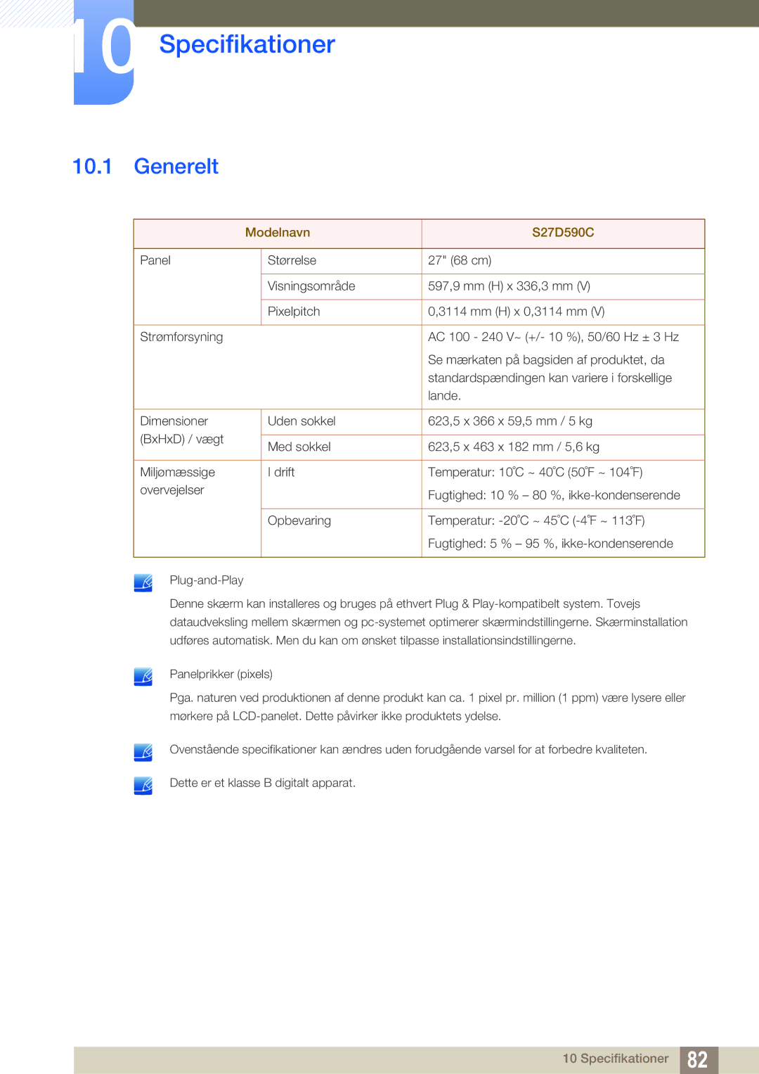 Samsung LS27D590CS/EN manual Specifikationer, Generelt 