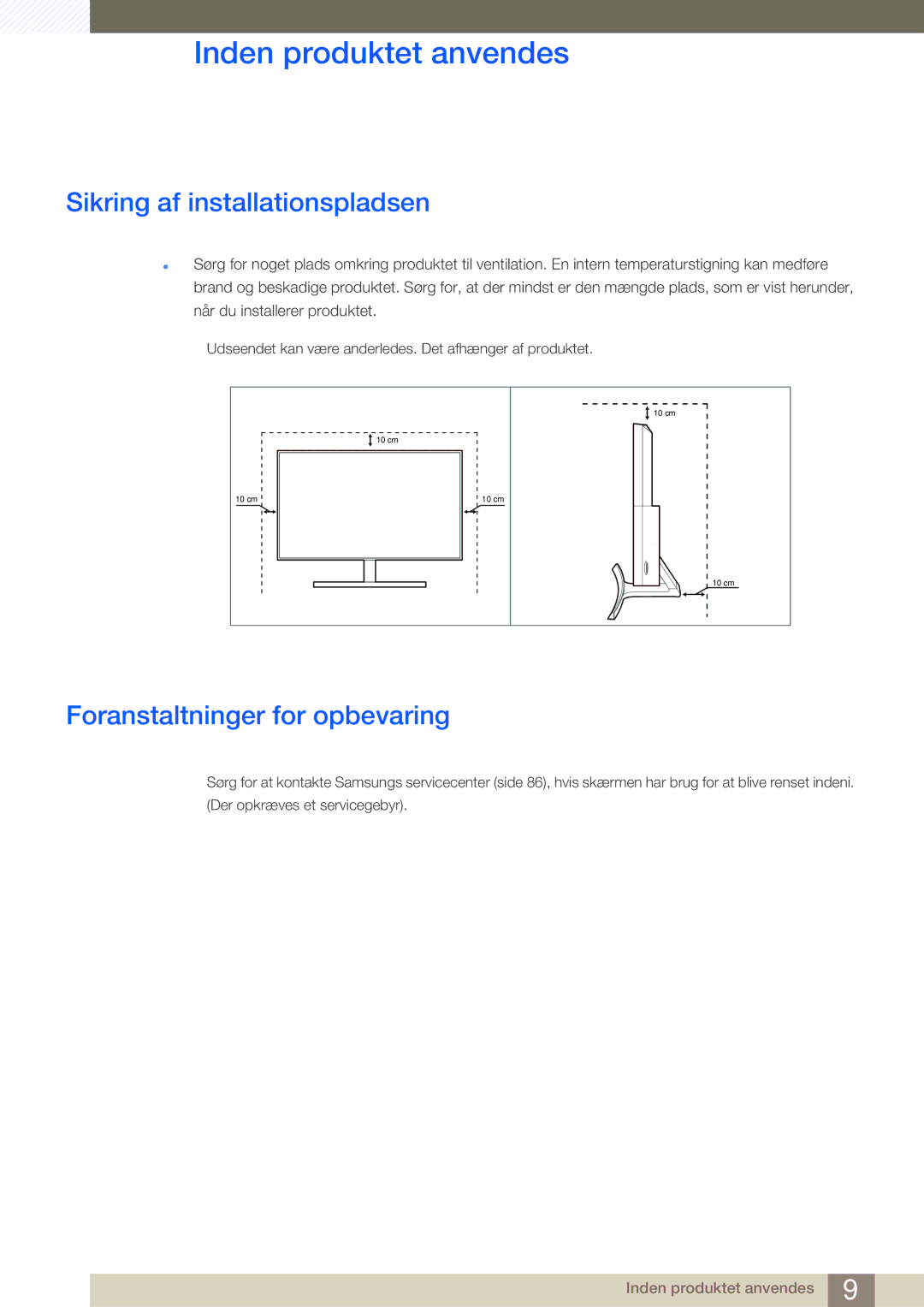 Samsung LS27D590CS/EN manual Sikring af installationspladsen, Foranstaltninger for opbevaring 