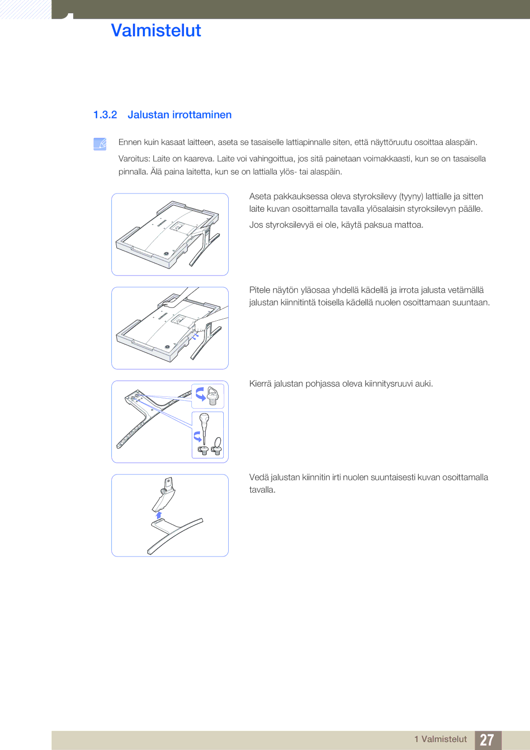 Samsung LS27D590CS/EN manual Jalustan irrottaminen 