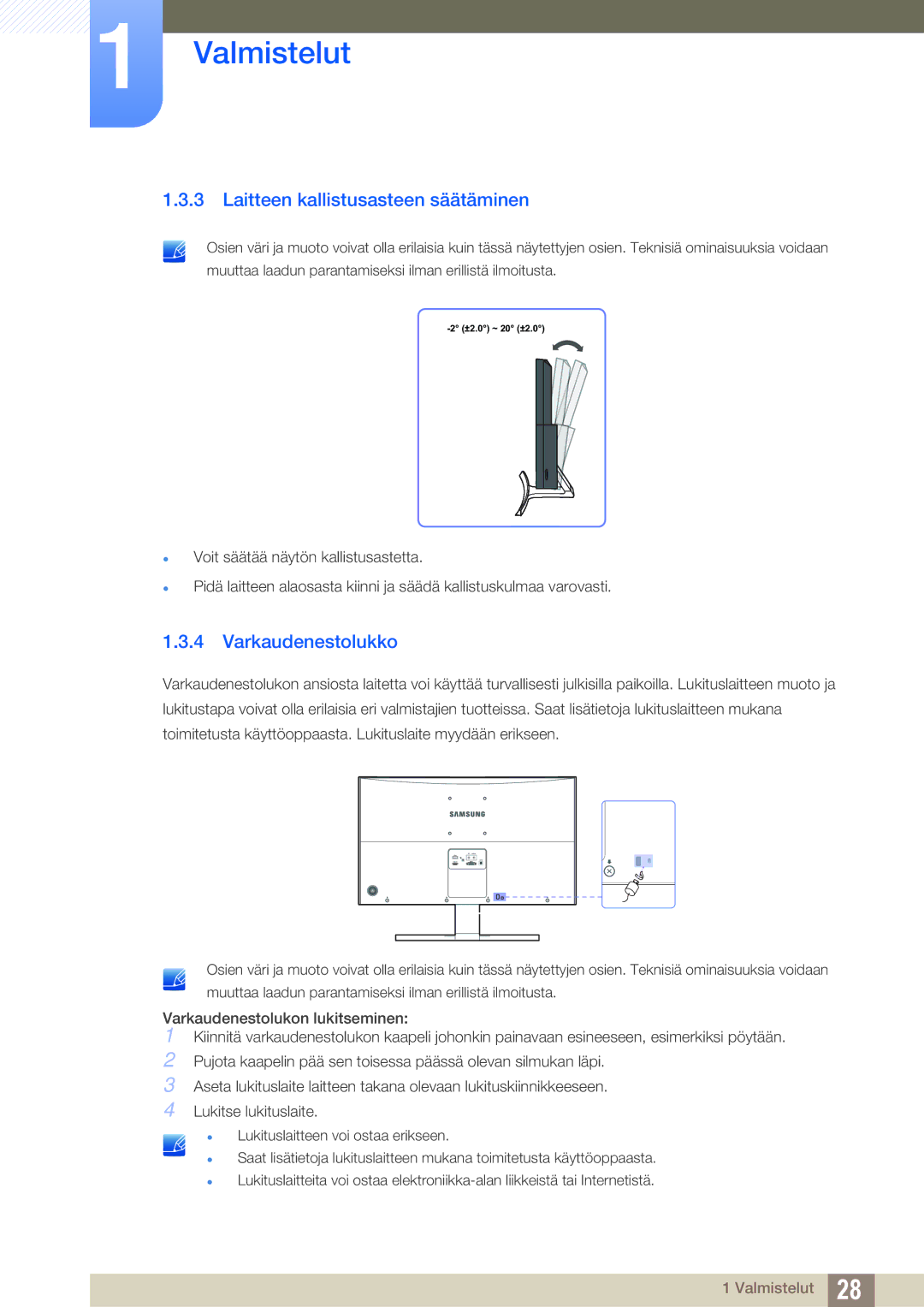 Samsung LS27D590CS/EN manual Laitteen kallistusasteen säätäminen, Varkaudenestolukko 